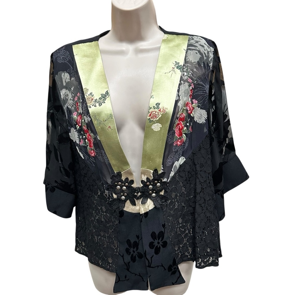 Vintage SPENCER ALEXIS Velvet Lace Floral Sheer Kimono Top Boho Small Art